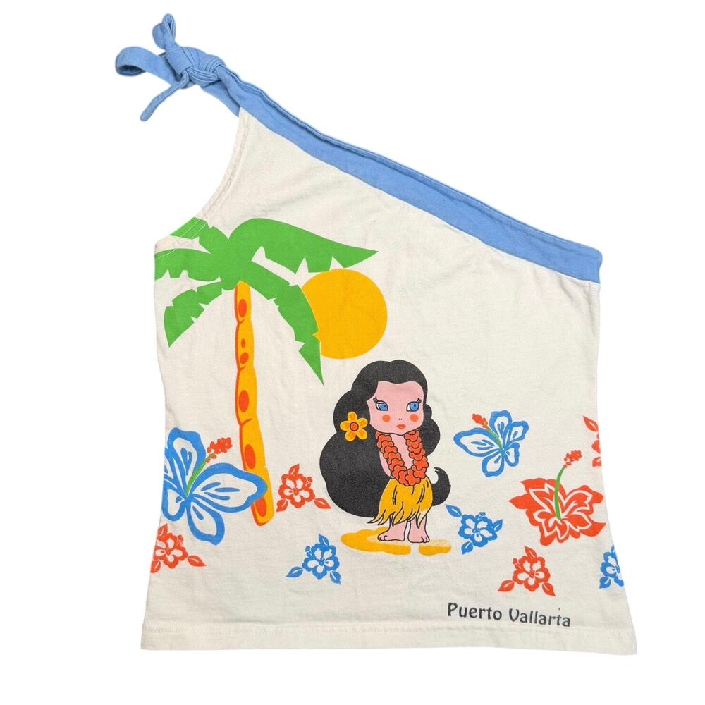 Y2K Kawaii Puerto Vallarta Hula Girl Crop Top One Shoulder Asymmetrical Trim Tie